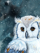 Lade das Bild in den Galerie-Viewer, Fine Art Print einer winterlichen Eule in Aquarell, mit einem sternenklaren Nachthimmel im Hintergrund, gedruckt auf hochwertigem Hahnemühle Luster Papier