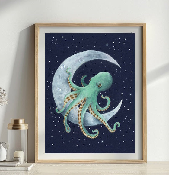 Kunstdruck Oktopus auf Mond