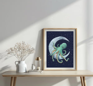 Kunstdruck Oktopus auf Mond