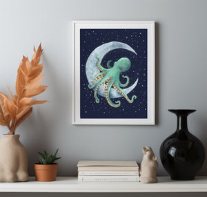 Kunstdruck Oktopus auf Mond