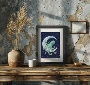 Kunstdruck Oktopus auf Mond