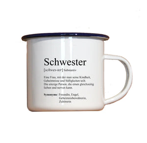 Personalisierter Emaille-Becher "DEFINITION BRUDER / SCHWESTER", Tasse, Geschenk